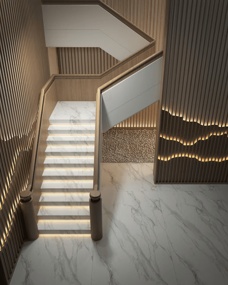 Stairs with a Tile Inlay Landing